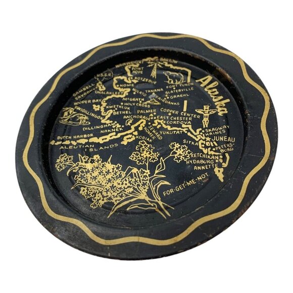 Vintage Alaska State Map Souvenir Black Gold Metal Tin Travel Coaster Ashtray 3 - Picture 5 of 7